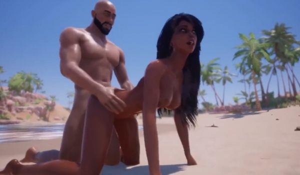 3D部落女王和酋长在无人的沙滩上激情SEX